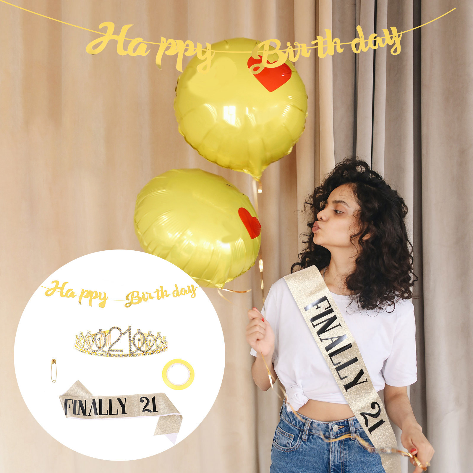 Birthday Sash Glitter - 1 zestaw błyszczącej korony urodzinowej, złoty